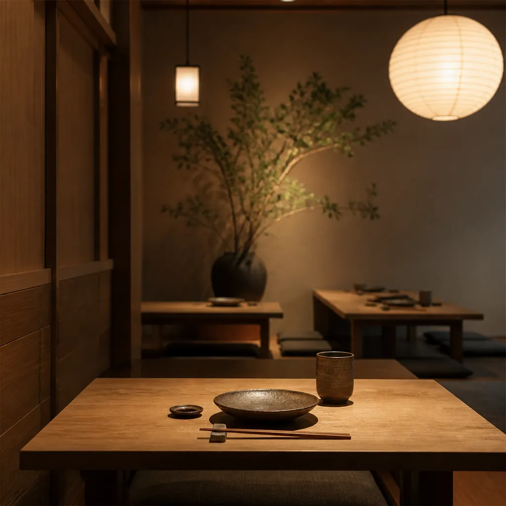 Serene Japanese restaurant interior with carefully arranged table settings