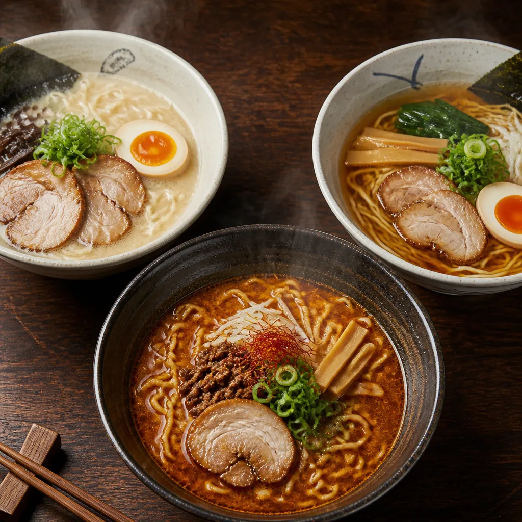 Three ramen bowls showing tonkotsu, miso, and shoyu broths side by side