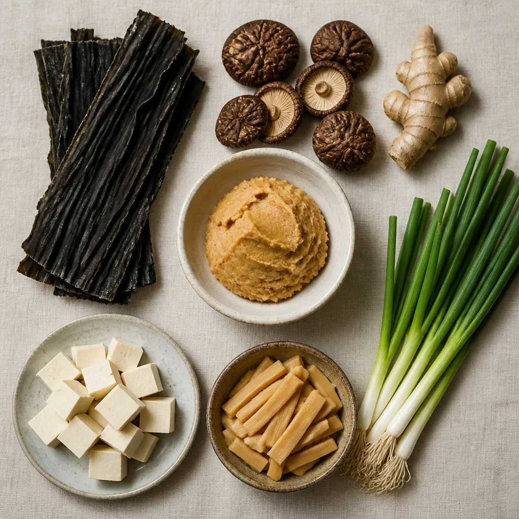 Overhead view of vegetarian ramen ingredients including kombu, shiitake mushrooms, miso, and plant-based toppings arranged on a neutral surface