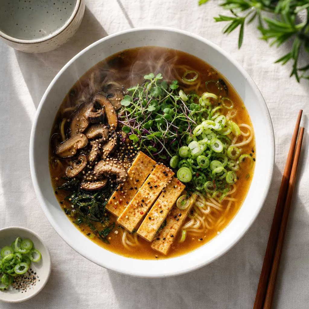 Overhead view of a steaming miso ramen bowl with plant-based toppings including mushrooms, microgreens, and tofu