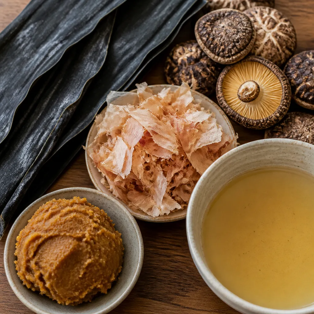 Flat lay of umami-rich Japanese ingredients including kombu, shiitake, bonito flakes, and miso on wood surface