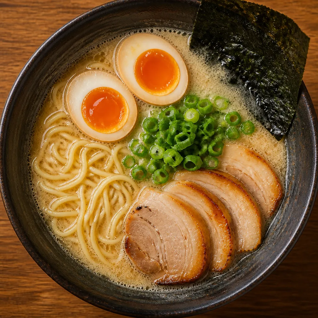 Close-up overhead view of a traditional Japanese ramen bowl with tonkotsu broth, noodles, egg, pork, and vegetables