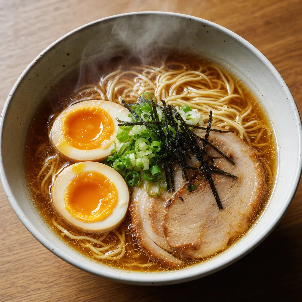 Steaming bowl of ramen with rich broth, noodles, egg, and toppings in natural lighting